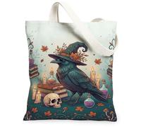 Witchy Crow Fall Magic Autumn Canvas Tote Bag 13x15 Inch, Teal, 13x15 Inch