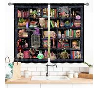 Witchy Curtains, Fantasy Magical Vintage Bookshelf Mysterious Bookcase Gothic Skull Spooky Gothe Blackout Window Drapery Treatments for Bedroom Living Room Bathroom, 55x39 Inch