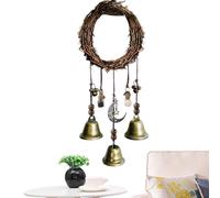 Witchy Door Bells - Handmade Rattan Wreath | Crystal Blessing Chime, Pagan Wiccan Supplies, Negative Energy Cleanser, Vintage Bronze Tone, Indoor Hanging Decoration, Sturdy Non-Deforming