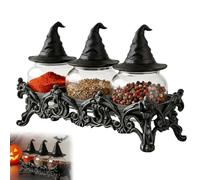 Witchy Frog Apothecary Spice Jars Set of 3, Gothic Kitchen Decor Glass Seasoning Containers with Witch's Hat Lids, Vintage Potion Bottles for Spices Herbs Tea - Whimsical Housewarming Gift