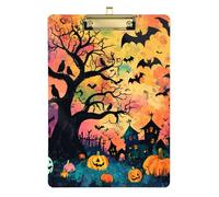 Witchy Halloween Black Bat Pumpkin Tree Acrylic clipboard Portfolio in Front Standard Letter A4 Size Waterproof for Nurses Home Contractor Gold 12x9in Tabla para escribir con Clip
