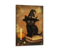 Witchy Halloween Wall Art, Vintage Black Cat Holding Spell Book, Classic Kitten Artwork, Spooky Retro Style, Hanging Paintings Poster for Reading Room And Holiday Indoor Decoration 12x18inch(30x45cm)