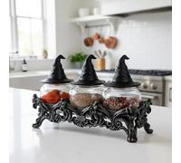 Witchy Hat Apothecary Spice Jars Set of 3 with Resin Stand, Gothic Glass Seasoning Containers with Witch Hat Lids, Vintage Herb and Salt Storage Pots for Witchy Kitchen Decor and Home Gifts