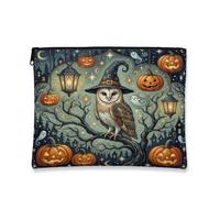 Witchy Owl Halloween Illustration Makeup Bag 7x9 Inch | Witch Hat, Makeup Zipper Pouch, Glowing Lanterns, Jack-o-lanterns, Fanciful Ghosts, Nighttime Forest, Dark Rustic Art