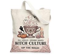 Witchy Tea Magic Quote Cup Halloween Canvas Tote Bag 13x15 Inch, Beige