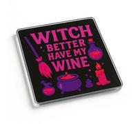 Witchy Wine Vibes Acrylic Coaster Gift - Modern Halloween Theme Home Decor with Witch Elements and Playful Text