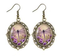 WitchyPoo Dragonfly Drop Earrings for Women - Vintage Boho Gothic Jewellery - Antique Gold Filigree Dangle Earrings - Purple Floral Cabochon Design - With Gift Box (Dangle)