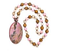 WitchyPoo Handmade Pink Rhodochrosite Long Necklace for Women, Bohemian Artisan Statement Accessory with Asymmetrical Oval Pendant, Hand Knotted Beaded Jewellery, Festival Gift for Her