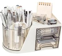 WITERY 360° Rotating Makeup Organiser with Pen Holder and 2 Drawers Desktop Stationery Cosmetic Brushes Storage for Home Office School(White)