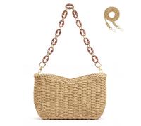 WITERY Straw Shoulder Bag for Women Woven Raffia Summer Straw Purse with Zipper Cute Beach Bag Small Hobo Purses and Handbags, Khaki, Contemporary