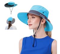 WITERY Women's Sun Hats UPF 50+ Ladies Wide Brim Sun Hat with Back Hole for Pony Tail Adjustable for Big Heads UV Protection Hats Breathable Packable Bucket Hat with Chin String(Blue)