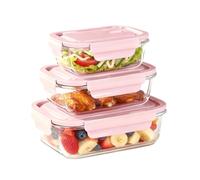Witeygai 3 Piece Airtight Glass Food Storage Containers with Pink Lids | Airtight seal keeps food fresh, Oven microwave, Reusable, Large capacity family set, glass lunch box pink, Picnic office use