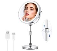 WITFAMILY 9" Lighted Makeup Mirror with 10X Magnification, Height Adjustable & 3 Color Dimmable Lights, 360° Swivel Double Sided Rechargeable LED Vanity Mirror Cordless Standing Mirror