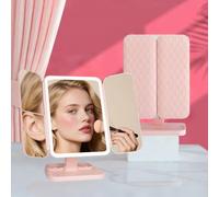 WITFAMILY Travel Lighted Makeup Mirror with 52 LED lights, 1X/5X/10X Magnifying Tri-fold Table Mirror, Stepless Dimming and Touch Control, Portable USB Rechargeable Cosmetic Vanity Mirror（pink）
