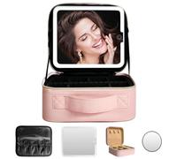 WITFAMILY Travel Makeup Bag with 3 Setting Adjustable LED Mirror, Portable Vanity case with Adjustable Compartment,10x Mirror, Jewelry Box, Brush Storage, Pink