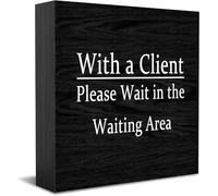 With A Client Please Wait In The Waiting Area Home Office Decor Wooden Box Sign, Decorative Positive Office Desk Accessories Wood Plaque Wood Table Sign For Tv Cabinet Shelf 5 X 5 Inch