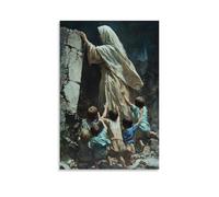 With A Hand on A Crumbling Wall, Mary Stops It from Falling As Children Run Beneath Her Arms to Safety. Trendy Hanging Wall Art Decorative Mural Poster24x36inch(60x90cm)