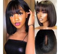 with Bangs 10Inch Straight Short with Bangs Human 3x1 HD Glueless Blunt Cut Silk Wear and Go Breathable Short For Black Women