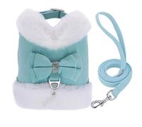 With Bow Nylon Dog And Cat Harness Leash Set Autumn And Winter Warm Soft Fur Pet Harness Vest Breathable Puppy Harness Leash Set For Puppy Yorkshire Pugs,Blue,S
