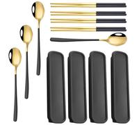 With Case, Stainless Steel, 4 Sets Korean Style, 2-Piece Spoon And Chopsticks Set, Black Gold, For Parties, Home And Travel