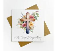 With Deepest Sympathy card - Elegant watercolour Christian Cross and Floral Design - Simple yet Stunning religeous design - loss, grief, funeral