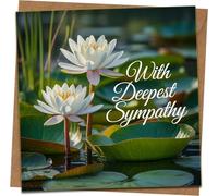 With Deepest Sympathy Card - Water Lily Design - 145mm x 145mm Square Greeting Card with Kraft Envelope - Condolence, Bereavement, Thinking of You