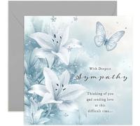 With Deepest Sympathy Condolences Greeting Card - Beautiful and Elegant Lily Flowers and Butterfly Painting - Blank Inside with Envelope - Made in the UK