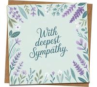 With Deepest Sympathy Greeting Card - 145mm x 145mm Square Floral Design, Pastel Green & Lavender - Blank Inside - Includes Kraft Envelope