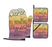 with God All Things are Possible Matthew 19 26 Oven Gloves and Pot Holder 4-Piece Set, High Heat and 500 Degree Thickness, Suitable for Grilling and Microwave Ovens