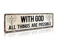 With God All Things Are Possible,Religious Wall Decor,Scripture Wall Art,Catholic Christian Gifts for Men,4x16 Inch Tin Plaque for Home