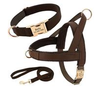 With ID Plate Personalized Adjustable Nylon Dog Walking Travel Collar Harness Leash Set For Shiba Inu Bulldog Labrador,Brown,M