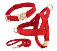 With ID Plate Personalized Adjustable Nylon Dog Walking Travel Collar Harness Leash Set For Shiba Inu Bulldog Labrador,Red,XS