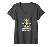 with Jesus I Can Face Tomorrow Life is Scary Christian Faith V-Neck T-Shirt, Women, Dark Heather Grey, S