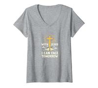 with Jesus I Can Face Tomorrow Life is Scary Christian Faith V-Neck T-Shirt, Women, Heather Grey, XXL