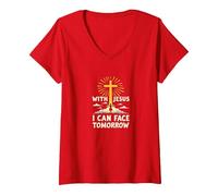 with Jesus I Can Face Tomorrow Life is Scary Christian Faith V-Neck T-Shirt, Women, Red, S