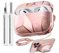 with Lock for Airpods Pro 2nd/1st Generation Case Cover, Flowers Cute AirPod Pro 2 Case Hard iPod Pro Cases for Women Girls with Keychain and Cleaner Kit- Pink Gold Marble