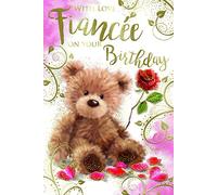 With Love Fiancee Cute Bear & Roses Design Happy Birthday Card Lovely Verse