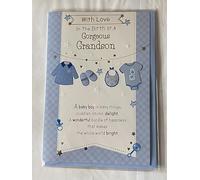 With Love On The Birth Of A Gorgeous Grandson New Baby Boy Born Card Our From The Grandparents White/Blue Clothes Line/Silver Words Foil Detail(PH39999)