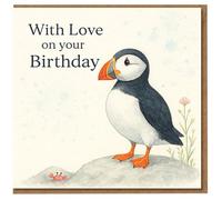 With Love on your Birthday Puffin Card - Cute Watercolour Seabird with Tiny Crab - Coastal Nature Birthday Card for Him, Her or Any Friend