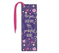 With Love Pink/Blue Faux Leather Bookmark for Women, Begin Each Day with A Grateful Heart Floral Debossed Design w/Gold Accents/Ribbon Tassel, Inspirational Encouraging Book Accessory for Booklovers