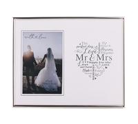 With Love - Silver Heart Frame 4" x 6" - Mr & Mrs - Horizontal Single Aperture Free-Standing Easel Back Frame - Engagement, Wife, Husband, Ceremony, Wedding Gifting & Homeware - H: 25 x W: 21cm.