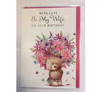 With Love To My Wife On Your Birthday Card Teddy Pink/Purple/Blue Flowers Foil Detail(NC-VA123)