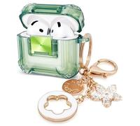 (with Safety Lock) Clear Case Compatible with Airpods 4 Case oft Clear TPU Cover for Apple Airpod 4 (2024) (USB-C) KOUJAON Soft TPU Transparency Air pods 4 Gen Cases with Girl Bling Keychain (Green)