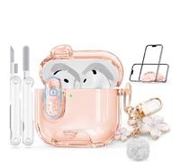 with Safety Lock Compatible with Apple AirPods 4 Case 2024,Clear Cases with Phone Stand & Cleaning Kit,Soft TPU Cover for AirPods 4th Generation Case,Cute Bling Keychain for Women Girls-Desert Gold
