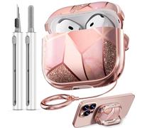 with Safety Lock for AirPods 4 Case 2024,Cute Floral for AirPods 4th Generation Case,Air Pod 4 Cases for Women Girly, iPod 4 Cases with Cleaner Kit - Pink Gold Marble