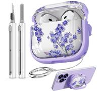 with Safety Lock for AirPods 4 Case,Clear Floral Cute AirPod 4th Generation Case for Women Girly with Cleaner Kit and Keychain, Doubles as a Cell Phone Stand - Purple Flower