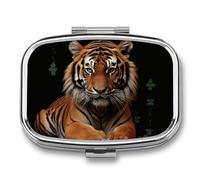 with Tiger and Paws Pill Box - 2 Compartment Travel Pill Organizer with Small Mirror, Portable Pillcase for Pocket & Purse, Cute Square Medicine Case, Weekly Medicine Container