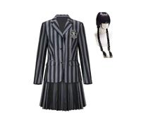 (With wig, Child S) Wednesday Addams Cosplay Costume Set Nevermore Academy School Uniform Halloween Carnival Party Costume For Adults Kids