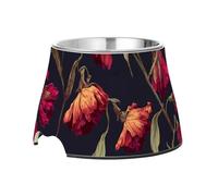 Withered Flowers Retro Red Dogs Food Bowls with Stand Stainless Steel Cats Basic Bowls for Dogs Cats Rabbits Birds Whisker Relief