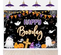 Withu Halloween Happy Booday Backdrop Purple Orange Spooky Ghost Pumpkin Ghouls Spider Bat Trick or Treat Party Background Boo Day Birthday Party Decoration Banner 7x5ft